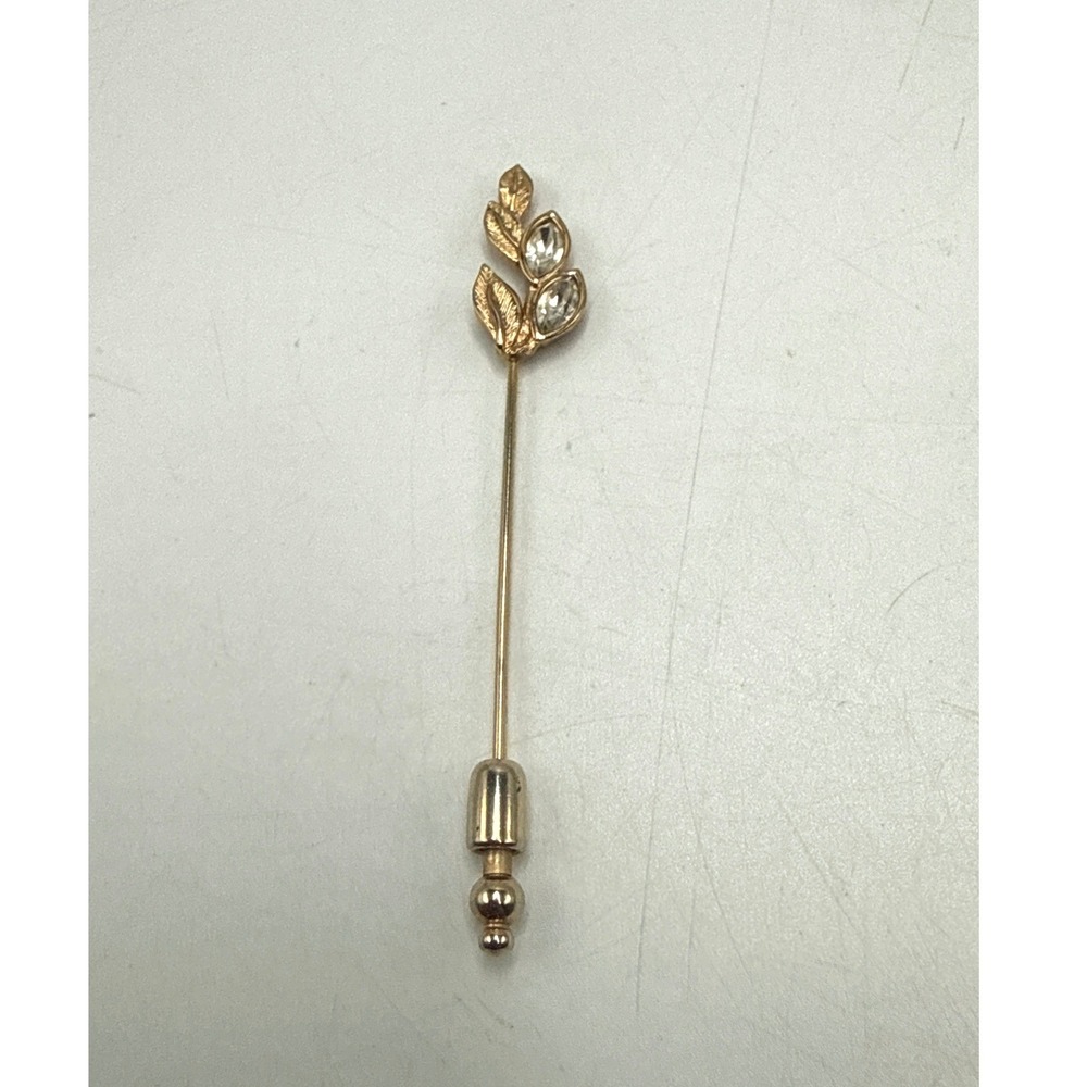 Vintage Gold Tone‎ Rhinestone Leaf Stick Pin Botanical Lapel Hat Pin